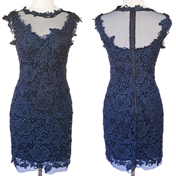 CACHE Floral Lace Sheath Dress Size 4 Black Metallic Blue Mesh Cocktail Party - Picture 1 of 9